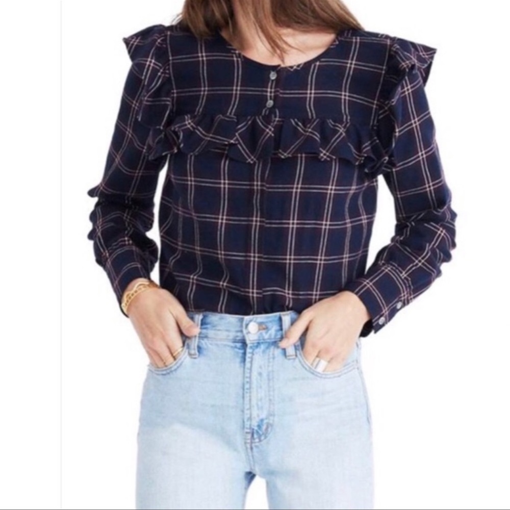 Madewell Berkshire Plaid Ruffle Yoke Blouse Top